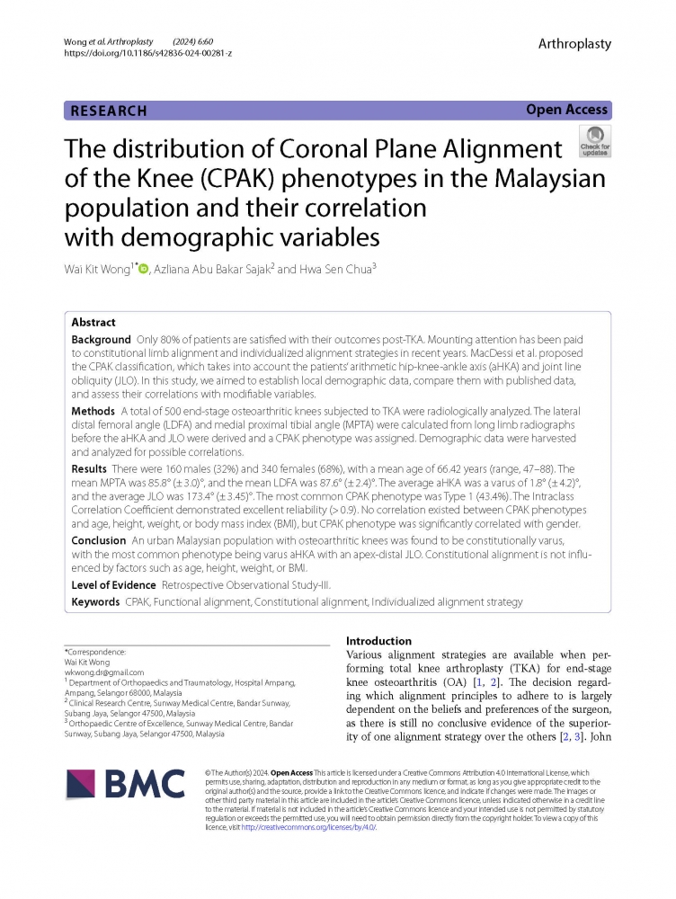 The distribution of Coronal Plane Alignment of the Knee (CPAK) phenotypes in the Malaysian population and their correlation with demographic variables